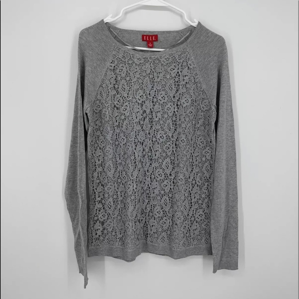 ELLE Womens Gray Sweater Pullover Lace Crochet Front Long Sleeve Size M